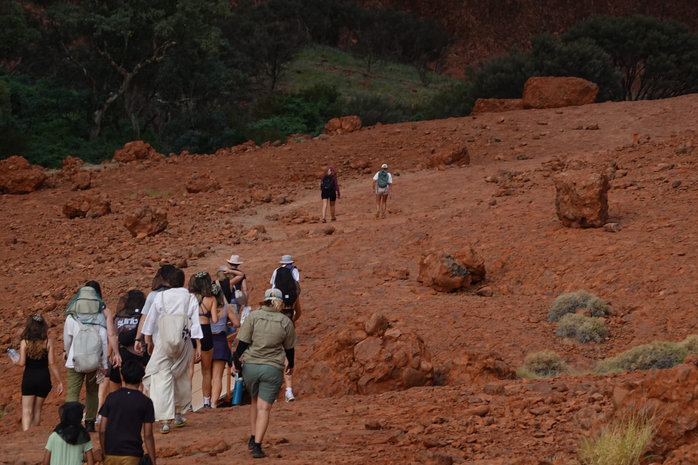 Group of hikers on the rocky trail.