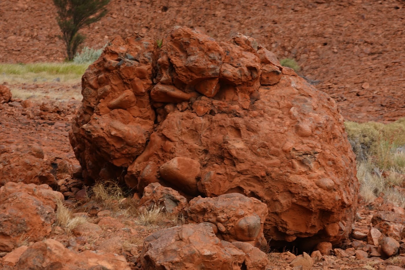 A large boulder split open.
