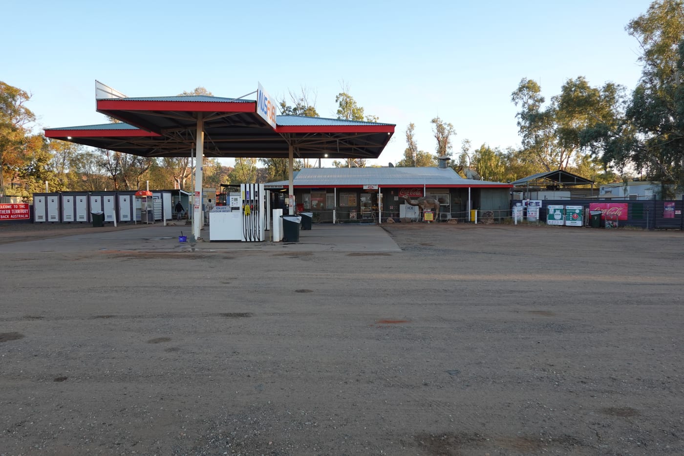 An empty outback petrol station at dawn.