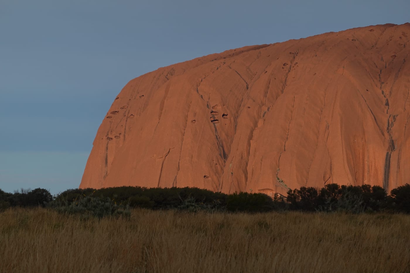 Cliff face of Uluru at sunset, close-up.