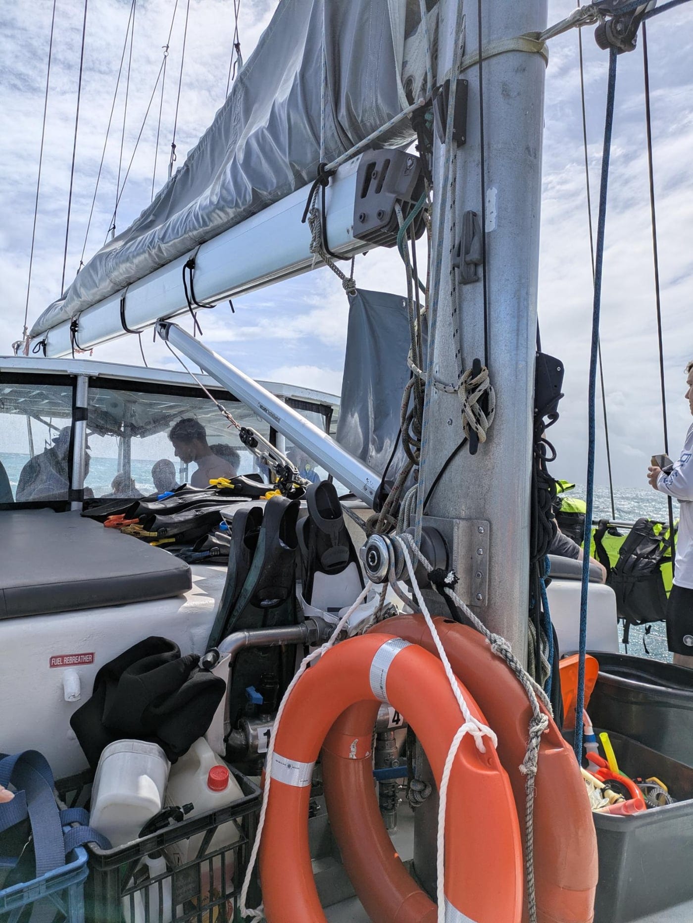 Deck of the sailboat at the mooring.